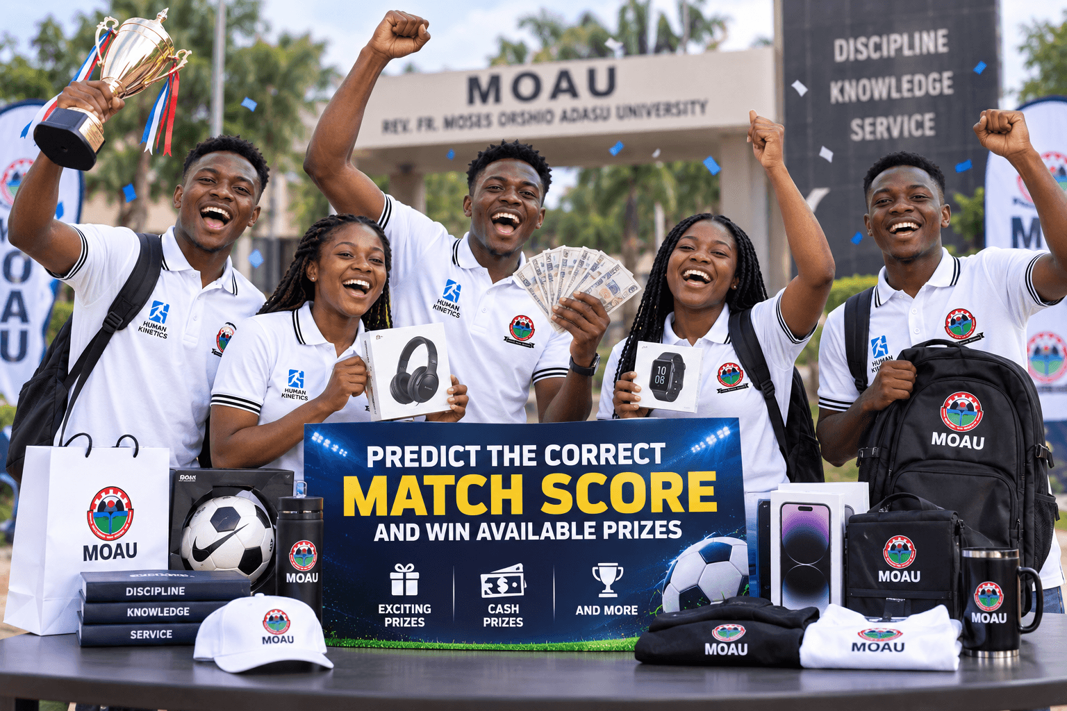 MOAU students celebrating with the Predict & Win prizes: trophy, cash, headphones, smartwatch, and more.